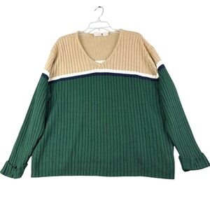 Fiorlini International 24W Green Tan V-Neck Ribbed Knit Colorblock Sweater VTG